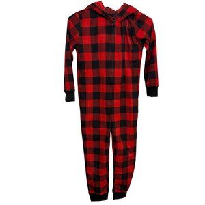 NWT Red Black Buffalo Plaid Hooded Fleece Onesie Pajamas Youth Unisex Loungewear